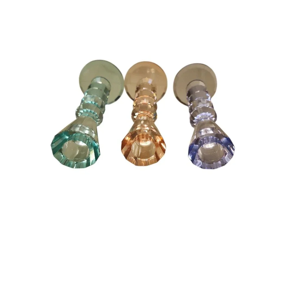 Colorful 3 Piece Beveled Crystal Candlestick Holder Set Boho Home Decor Glass